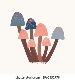 Minimalistic drawing of a forest mushrooms, toadstool, isolated, brown color design on white background. Symbol, icon, vector illustration, botanical elements, style of minimalist, hand drawn. 