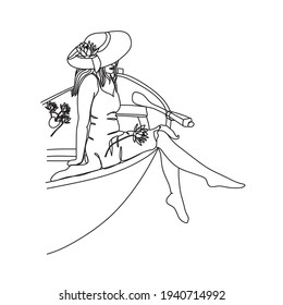 Minimalistic drawing of a lady in a boat. Vector one line illustration.Fine One Line Vector Art Drawing, Modern GalleryWall, Abstract Wall Art Print Set, Woman Silhouette Botanical theme for print.