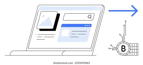 Minimalistic drawing of a laptop with a search engine page and a right-pointing arrow connecting to a Bitcoin symbol. Ideal for technology, cryptocurrency, online search, digital transactions, modern