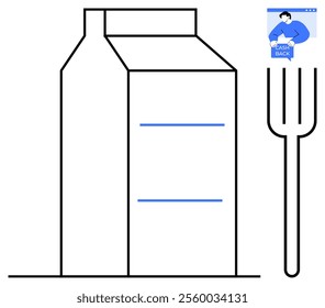 Minimalistic drawing of a milk carton with a vertical fork beside it and a small box depicting a man with cash back text. Ideal for food industry, dairy products, grocery shopping, minimalism