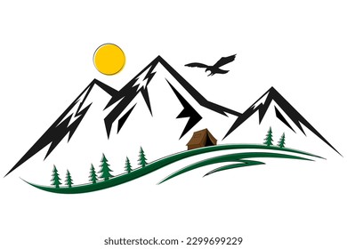 Minimalistic drawing of mountains and a tent. Vector graphics