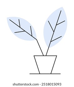 Un dibujo minimalista de una planta en maceta con dos hojas azules delineadas por líneas negras. Ideal para la naturaleza, la decoración del hogar, la jardinería, el minimalismo y los temas de plantas de interior. Arte lineal simple.