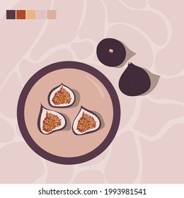 Minimalistic drawing. Ripe figs on a pink plate. 
