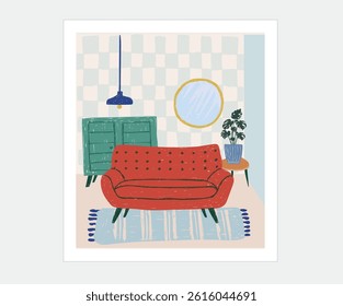 Minimalistic drawing room interior scenes with mid century modern furniture and plants. Modern wall painting. Trendy living room interiors. Abstract Sofa set art.