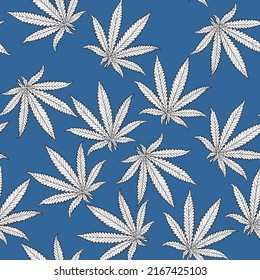 Minimalistic drawing ,Seamless vector pattern, hand drawn hemp on blue background.