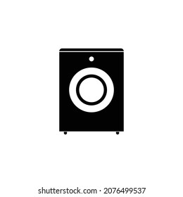 Minimalistische Zeichnung einer Waschmaschine auf weißem Hintergrund. Kann als Abzeichen oder Emblem verwendet werden. Wäscheservice-Konzept.