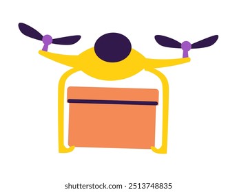 Drone minimalista con hélices en un estilo plano amarillo y naranja, aislado sobre un fondo blanco. Ilustración vectorial apta para tecnología y transporte visual.