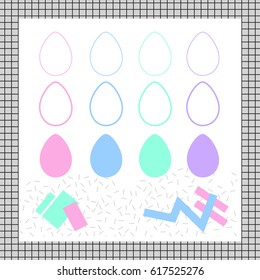 A minimalistic Easter card. Print in the style of the 80's. Eggs and abstract figures of pastel shades. Vector illustration EPS 8