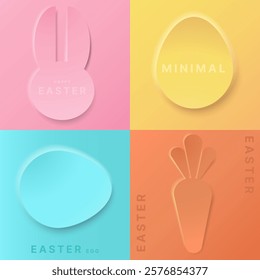 Minimalistic Easter design greeting card pastel soft 3D egg shape set.Abstract frame silhouettes of bunny, egg and carrot with soft shadows.Easter icons,emblems, stickers, banners.Vector illustration