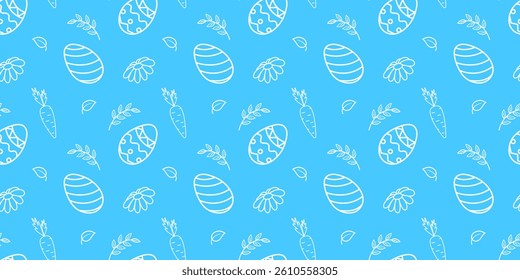 Minimalistic Easter seamless pattern with white eggs, carrots, and flowers on a bright blue background. Playful spring design perfect for wrapping paper, cards, printables, and fabric.