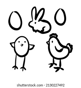 Minimalistic Easter set. Han drawn illustration of hen, chicken and rabbit.