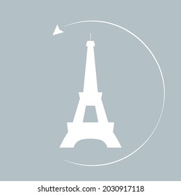 Minimalistic The Eiffel Tower icon with paper airplane around it