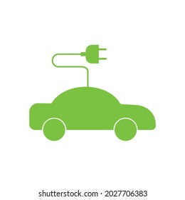 Icono de coche eléctrico minimalista con un zócalo sobre fondo blanco. Concepto de coche sin escape. Preservación de la ecología. Preservación de la naturaleza y la tierra de las emisiones nocivas. Imagen vectorial.