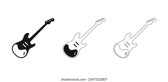 Minimalistic electric guitar vector icon set in flat style. Bass guitar music instrument icon.