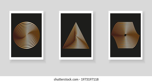 Minimalistic elegant geometric wall decor poster set. Luxurious dark background with golden geometric elements. Creative templates for invitations, cards, posters, covers. Optical illusion.