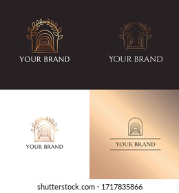 Logo minimalista y elegante para una marca de boda o un estudio arquitectónico. Logo lineal con arco, corona de hojas y escaleras. Colores dorados y negros.