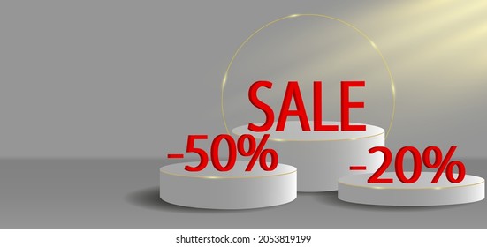 Minimalistic elegant stage for the demonstration of the sale. 3d white cylinder on a light background. Light effect. A platform or podium with a gold ring. Layout for sale. Vector illustration. EPS 10