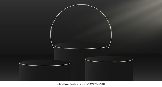 Minimalistic elegant stage for product demonstration.3d black cylinder on a dark background.Light effect.A platform or podium with a gold ring.Layout for the presentation of fashionable clothes.EPS 10
