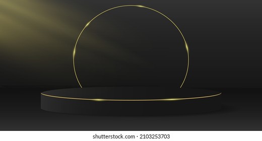 Minimalistic elegant stage for product demonstration.3d black cylinder on a dark background.Light effect.A platform or podium with a gold ring.Layout for the presentation of fashionable clothes.EPS 10