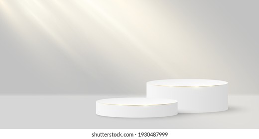 Minimalistic elegant stage for show your products. 3d cylinder with gold on a white background. Platform or podium with incident light. Mock up for fashion presentation. Vector illustration.