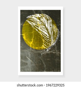 Afiche minimalista y elegante sobre la decoración de las paredes. Ancianos de fondo oscuro con textura de piedra, luna y rama de palma. Plantillas creativas para bodas, invitaciones, cumpleaños, fiestas, tarjetas, afiches, portadas.