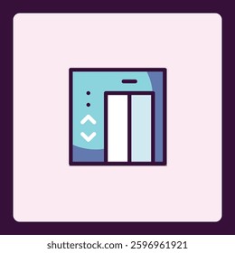 Minimalistic elevator icon graphic with navigation buttons and closed doors