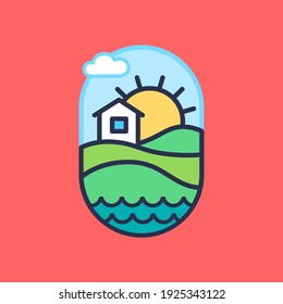 Minimalistic ellipse icon with stylized image of urban rural lifestyle on red background. Design element. Vector illustration.