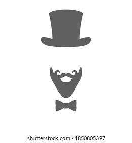 Minimalistic emblem for gentleman or magician: top hat with beard and mustache and bow tie