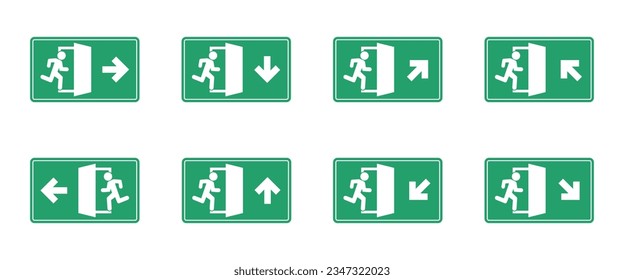 Minimalistic emergency exit sign vector icon set with different arrow direction. Running man to fire exit icons.