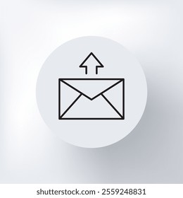 Minimalistic envelope icon with an arrow in a circle on a light gray background.