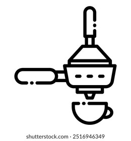 Minimalistic espresso machine icon in black and white line art, depicting a coffee maker with a cup below, symbolizing coffee brewing and barista culture.