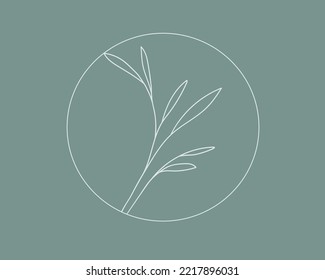 Minimalistic eucaliptus logo circle on blue background. Wedding Eucaliptus circle frame design. Circle icon outline