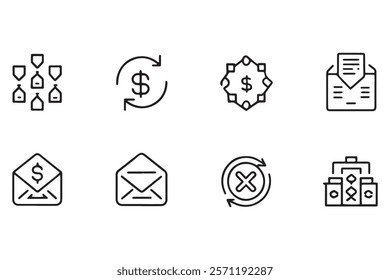 Minimalistic exchange icon collection featuring money transactions, mail, and communication for financial, business, or tech themes