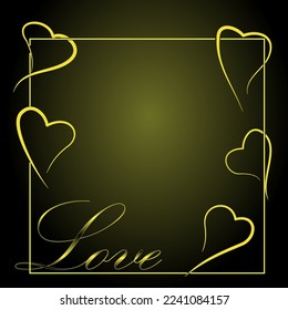 Magnífica postal minimalista, plantilla, cartel para el Día de San Valentín. La inscripción dorada amor en un fondo negro. 