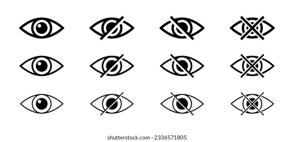 Minimalistic eye icon set. See and unsee sign for web. Show and hide password icons for web. Outline eyes symbols.
