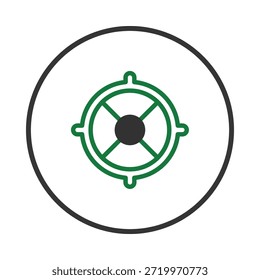 Un diseño de emblema minimalista y llamativo que presenta cruces radiales con un color verde prominente, lo que sugiere precisión y enfoque. El símbolo utiliza una composición geométrica simple y clara