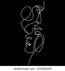 Minimalistic face line art couple man and woman. Male and female. Vector illustration. Black and white. One line drawing. Black background.