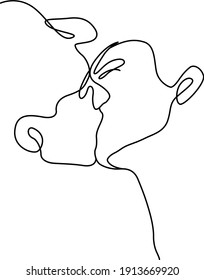 Minimalistic face line illustration of couple kissing. Abstract vector man and woman. Black and white on white background. One line drawing