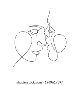 Minimalistic face line illustration of couple kissing. Abstract vector man and woman. Black and white on white background. One line drawing