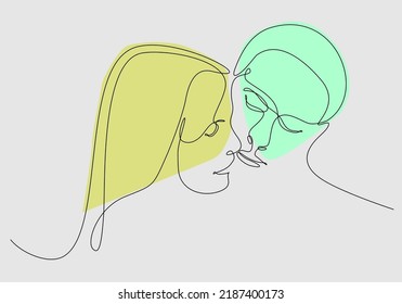 Minimalistic face line illustration of couple kissing. Abstract vector man and woman. Black and white on white background. One line drawing