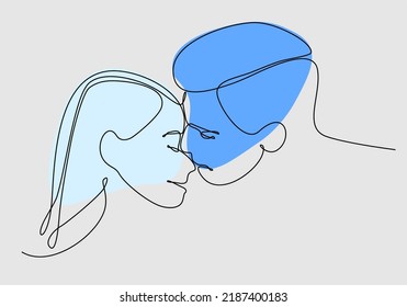 Minimalistic face line illustration of couple kissing. Abstract vector man and woman. Black and white on white background. One line drawing