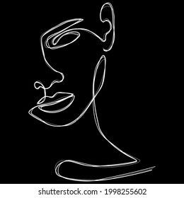 Vector de línea facial minimalista. Ilustración abstracta. Blanco y negro. Fondo negro. Dibujo de una línea.