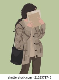 Minimalistic faceless flat vector illustration of a girl with brown hair wearing a cardigan and holding books or magazines