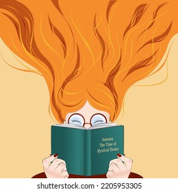 Minimalistic faceless flat vector illustration of a girl with red hair wearing glasses Reading a Book with Flowing Long Hair for Hello Autumn. Banner with place for text.