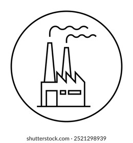A minimalistic factory building emits smoke from two stacks. Surrounded by a circular border. Ideal for industrial, manufacturing, pollution, environmental impact, energy production themes. Clean