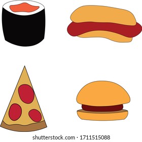 Minimalistic fast food. Pizza and burger. Hot dog and sushi. Design for cafe, restaurant and menu, flyers, advertisements and print.
