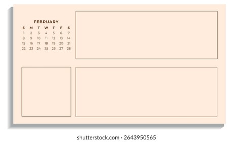 Minimalistic February 2026 Calendar with Notes. Vector Monthly Planner