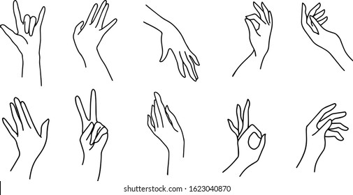 Minimalistic female hands outline illustrations clipart. Trendy hands vector silhouettes. Collection of 10 hand gestures.