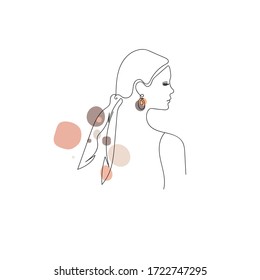 Minimalistic feminine profile of woman wearing accessories, continuous line art with colored shapes, hand drawing icon for pins, card and logo