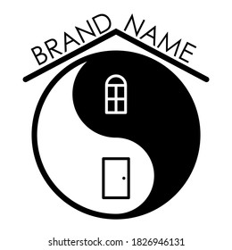 Minimalistic Feng Shui Logo Editable Design For Business, New Brand, Home Decoration. Black And White Sketch Creative Concept. Vector Line Art Icon. Outline Illustration. Isolated On White Background.